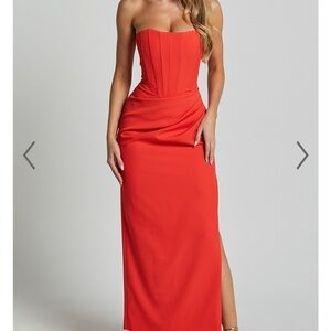 Showpo AVERY MIDI DRESS Red Strapless Ruched Gown